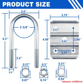 GREPSPUD GREPSPUD 2Sets Trailer U Bolt Kits for 3500 lbs 2-3/8" Round Axle, 6-1/4" Long, 1/2 Diameter, Trailer Axle U-Bolt Leaf Spring U Bolts Kit for 3,500lbs