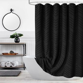 TURKIO Extra Long Black Boho Shower Curtain 96 Inch Black Tufted Chevron Striped Fabric Shower Curtains for Bathroom Modern Shabby Chic Waterproof Cloth Shower Curtain Set with Hooks