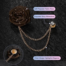 M METERXITY Rose Flower Brooch Pin for Men Suit, Cloth Flower Lapel Pin with Gold Badge Tassel Chain Brooches for Men Wedding Accessories/Prom/Party [Coffee]