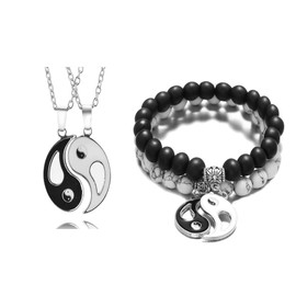 Matching Yin Yang Necklace Bracelet for Couples Best Friends Disc Tai Chi Yin Yang Turquoise Beaded Bracelet Necklace for Women Men Jewelry