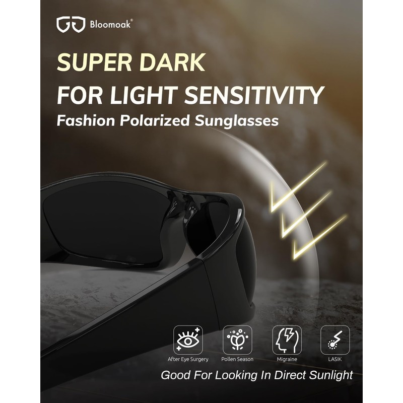 Bloomoak Super Dark Lens Black Polarized Sunglasses|Wrap Around Sport Sunglasses|UV400|CAT