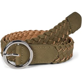 styleBREAKER 03010125 Women's Braided Belt with Round Buckle, Faux Leather, Plain Colour, Slim Waist Belt, One Size Belt, Olive-silver