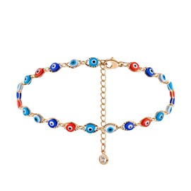 Valloey Rover Chain Anklet Handmade 14K Gold Plated Dainty Boho Beach Cute Ankle Bracelet Adjustable Evil Eye Layered Dangle Coins Foot Chain for Women