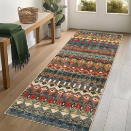 GarveeHome Runner Rug 2x6 Washable Distressed Geometric Printed Hallway Rug, Non-Slip Low Pile Area Rugs, Foldable Non-Shedding Carpet Runner for Kitchen, Laundry, Entryway, Colorful