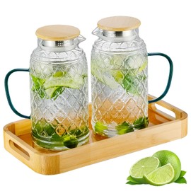 Buaic Glass Pitcher with Lid, 2 PACK 68 oz/2 Liter Vintage Water Pitcher With Serving Tray, Clear Borosilicate Glass Water Carafe for Cold Brew, Coffee, Lemonade, Iced Sun Tea,Beverage, Heat Resistant