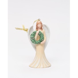 Fine Porcelain Christmas Celebration Angel Holding Wreath Tree Ornament Figurine, 4 in
