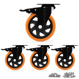 Caster Wheels, Heavy Duty 5 Inch Casters Set of 4, Locking Swivel Casters Wheels for Cart, Furniture and Workbench, Orange