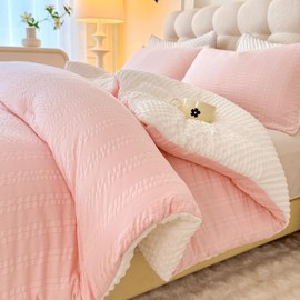 tohrisa Boho Comforter Set Queen Size Striped Pleats Bohemian Seersucker Bedding Set All Season Soft Cozy 3 Pieces Quilt with 2 Pillowcases(90"X90" Blush Pink)