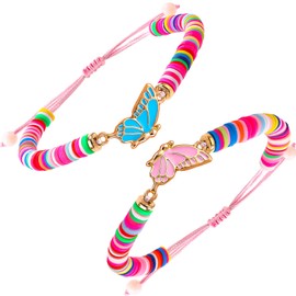 Butterfly Best Friend Bracelets for 2, Matching Friendship BFF Jewelry Set Pink Blue Adjustable Bracelet Gifts for Couple Women Sisters Christmas Birthday
