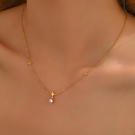 Mauzew Gold Flower Diamond Necklace for Women 18K Gold Plated Dainty CZ Pearl Star Heart Pendant Necklace Simple Gold Jewelry Gifts