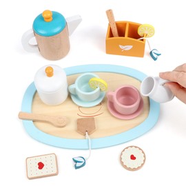 KABENFIS Wooden Tea Set Toy Pretend Play Food Mini Kitchen Tea Party Sets for Children Boys and Girls