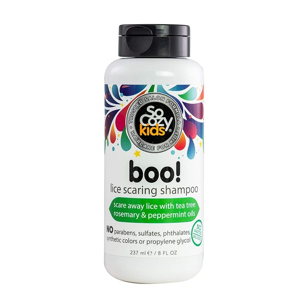 SoCozy Boo! Lice Scaring Shampoo For Kids Hair Scare Away Lice with Tea Tree, Rosemary and Peppermint Oils No Parabens, Sulfates, Synthetic Colors or Dyes, Natural, Zero fragrance, 8 Fl Oz