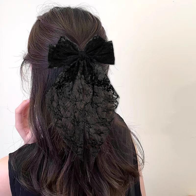 Black Hair Bow Clips With Long Tail Lace Hair Barrette