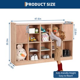 MilleLoom Cubby Tray Storage Cabinet with 2 Doors, Storage Organizer Cubes with 2 Anti-Flip Fittings, 4 Castors and 2 Boxes for Home, School, Kindergarten, Classroom Furniture, Natural
