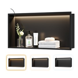 Neohomee Matte Black LED Shower Niche,24"X12" Bathroom Wall Niche,with Dimmable 3-Color COB LED Strip Light Stainless Steel Recessed Wall Cabinet,Waterproof No Tile Need for Shower Storage