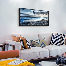 Black Framed Canvas Wall Art For Living Room Large Wall Decor For Bedroom Modern Office Decor Blue Beach Sun Ocean Landscape Painting Prints Artwork Seascape Framed Hang Pictures Home Decoration