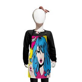 Lunarable Retro Apron, Woman with Hair Super Speech Bubble Victory Sign Cartoon Pop Art Inspired, Small Apron Bib with Adjustable Ties for Baking Painting, Small Size, Yellow Pink and Blue
