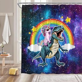 CCXTCZ Dinosaur Shower Curtain Funny Dino Cartoon Fantasy Animal Rainbow Cloud Mysterious Outer Space Universe Fantasy Galaxy Adventure Polyester Fiber Bathroom Decoration Gift with12 Hooks