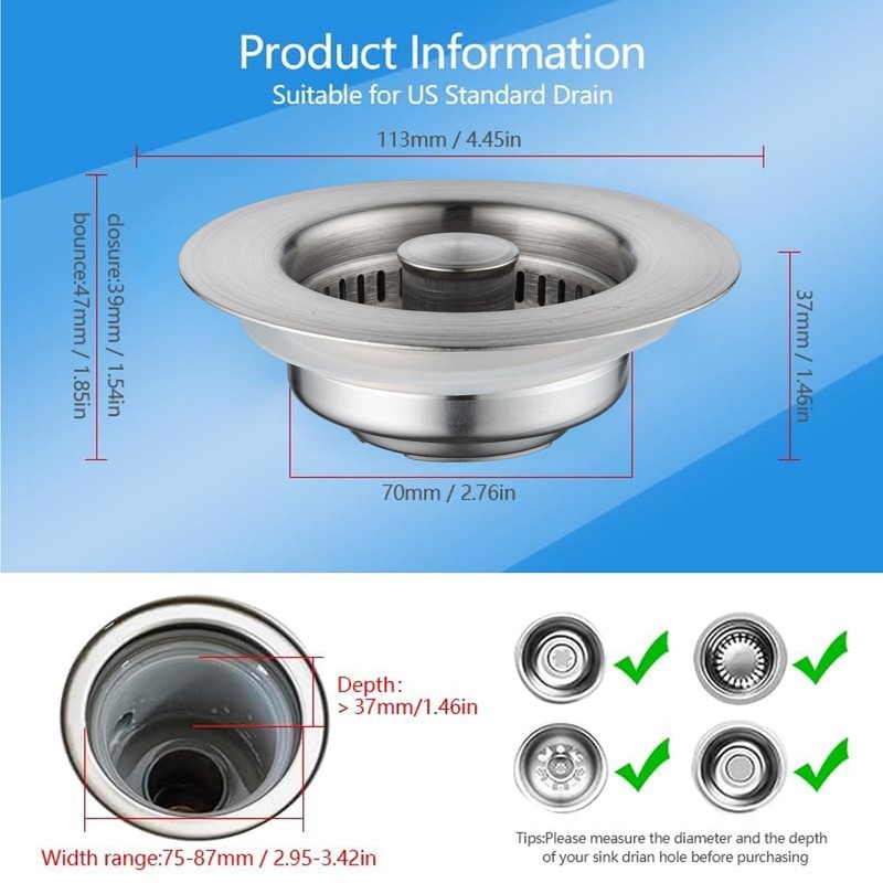 SELLO 3 in 1 Kitchen Sink Drain Strainer, 304 Stainless