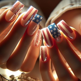 4th of July Press on Nails Medium Square Fake Nails with Star Stripes Glitter Designs Independence Day Glue on Nail Reusable Artificial Acrylic Full Cover Stick on False Nail for Women 24 Pcs