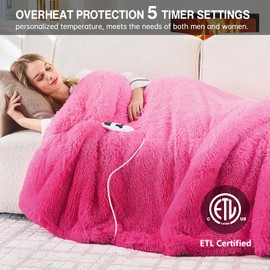 RUJIPO Heated Electric Blanket Twin,Warm Winter Birthday Gifts for Women Her Grandma–Faux Fur with Soft Sherpa,10 Heat Settings,5 Time Settings with Fast Heating,ETL 62x84, Rose Red
