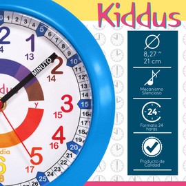 KIDDUS ESPAÑOL Azul Children's Wall Clock Analogue Time Teacher with Time Learning Exercises. Silent Clock. Many Languages