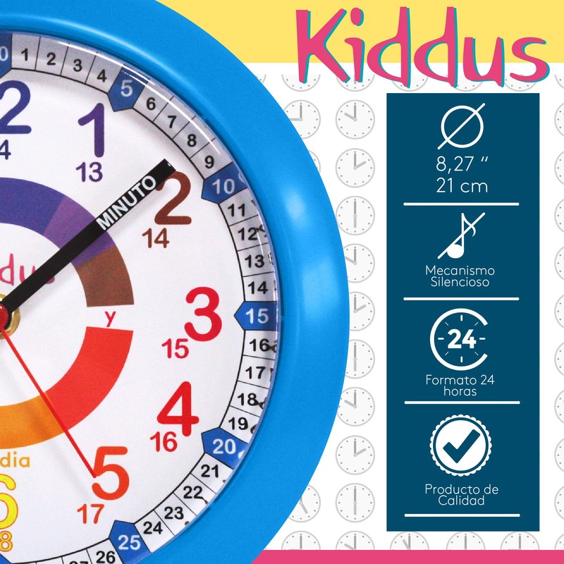 KIDDUS ESPAÑOL Azul Children's Wall Clock Analogue Time Teacher with