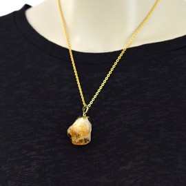 Natural Citrine Rough Stone Healing Crystal Pendant Necklace, Yellow Gold Tone, Cable Chain 18"