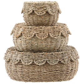 Cinnvoice Set of 3 Scalloped Baskets with Lids 10/13/14 Inch Hand Woven Storage Wicker Baskets for Baby Shower Gifts Baby Diaper Caddy Organizer for Nursery Room(Sea Grass)