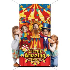 WADORN Circus Photo Door Banner, Circus Clown Large Fabric Photo Door Backdrop Props Decor for Circus Theme Party Decor Funny Clown Face in Hole Photo Backdrop for Birthday Party, 70.8x35.4 Inch