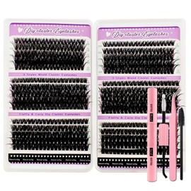 600 Pieces DIY Eyelash Extensions Set, 0.07D Eyelashes, Individual False Eyelash Clusters with Eyelash Glue and Tweezers for Beginners, Reusable Eyelash Clusters (600P-60+80+100D)