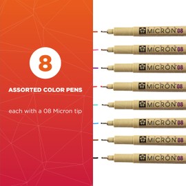 Sakura Pigma Micron Fineliner Pens - Archival Black and Colored Ink Pens - Pens for Writing, Drawing, or Journaling - Black and Assorted Colored Ink - 08 Nib Size - Fine Line - 8 Pack