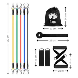 Raganet, Juego de Bandas de Resistencia de 11 Piezas, Incluye 5 Bandas Apilables para Ejercicios con Asas, Bolsa de Transporte, Correas para Tobillo y Accesorio de Anclaje para Puerta