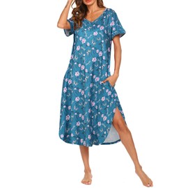 AVIIER Nightgowns for Women Cotton Night Shirt Sleepwear Ladies Soft Loungewear with Pockets Butterfly Flower L