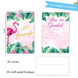 Uniizone Let's Flamingle Birthday Party Invitation Cards, Pink Flamingo Palm Leaves Fill-in Invites for Girls (30PACK), Teens-Kid's Party Celebration Baby Shower Supplies Favors
