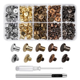 HappyHome Chicago Screws, 0.2 inch (6 mm), 4 Colors, 100 Pairs Set, Screw Type, Drilling Punch with Mini Screwdriver, Leather Craft DIY Parts