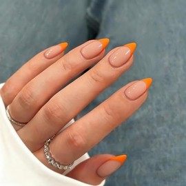 SXVME Uñas postizas francesas cortas almendradas y naranjas con pegamento para mujer. Uñas postizas francesas naturales en 15 tamaños. Kit de 30 uñas 