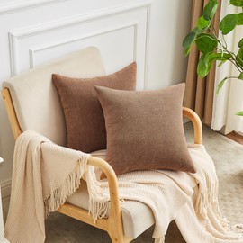 GAWAMAY Decorative Square Throw Pillow Covers 18"x18" Inch Set of 2, Super Soft Chenille Pillows Cover Fall Pillowcase for Living Room Bedroom Sofa Couch Cushion Cover Coffee 45x45cm (No Insert)