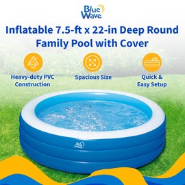 Blue Wave Inflatable Swimming Pool with Cover – 7.5-ft Round Quick-Setup Pool for Families – Durable 22-in Deep Backyard Pool for Kids and Adults