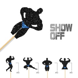 MonMon & Craft Male Dancers Cupcake Toppers,Beefcake Strippers Men Boys Dancing Party,Wedding,Muscle Man Cupcake Toppers,Bridal Shower,Bachelorette Party Cupcake Decorations,Black Glitter,24 Pcs
