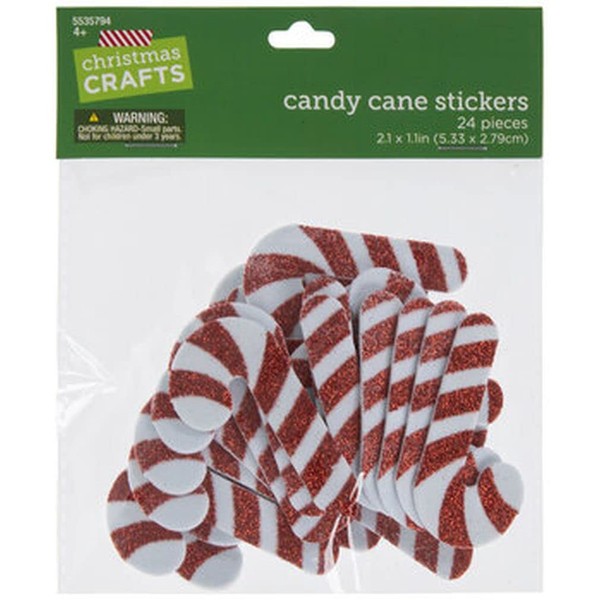 Christmas Glitter Candy Cane Foam Stickers - 24 Count - 2.1 Inches