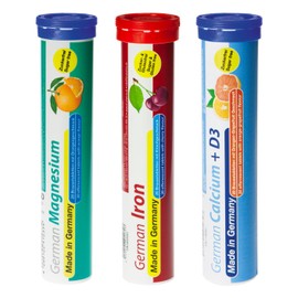 German Mineral Plus Package 60 Pcs. - Vegan, Zero Sugar - Drink Effervescent Tablets - Iron, Calcium, Magnesium - T&D Pharma - Made in Germany