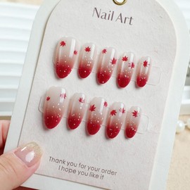 Fall Press on Nails Medium Almond Fake Nails with Maple Leaves Design Ombre Red French Tip Glue on Nail White Star Nails Press ons Reusable Holiday Autumn False Nail for Women Manicure 30Pcs