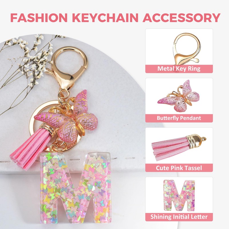 Fmeida Initial Letter Keyring for Women Cute Pink Tassel &