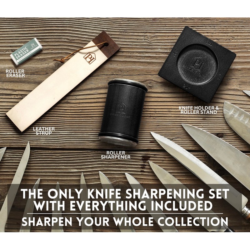 Black Roller Sharpener for Knives with Leather Strop - Knife