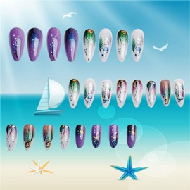 Press on Nails Almond Long Length Coral Water Grass and Cute Fish Pattern Design Almond Tip False Nail Purple Ocean Artificial Fingernails Full Cover Glossy Stick on Nail for Women Manicure