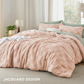 Bedsure King Size Comforter Set Dusty Rose, Boho Tufted Bed Set, Checkered Farmhouse Shabby Chic Bedding, 3 Pieces, 1 Plaid Geometric Comforter and 2 Pillow Shams