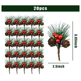MOMOONNON 20PCS Artificial Red Berry Pine Picks Pine Needles Branches with Red Berry Stems Artificial Winter Christmas Berries Decor for Crafts Christmas Tree DIY Garland Holiday Wreath