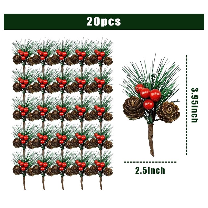 MOMOONNON 20PCS Artificial Red Berry Pine Picks Pine Needles Branches