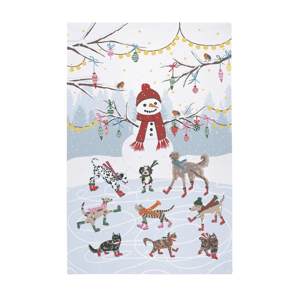 Ulster Weavers Cats & Dogs 100% Cotton Christmas Tea Towel, Ice Skating Animals